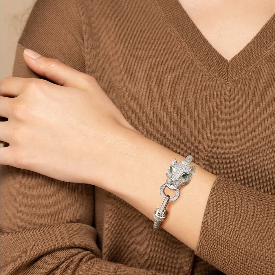 ALLNOEL 100% 925 Womens Hollow Leopard Head Silver Bracelet Black Leopard Green Eyes Gift Hip Hop Animal Jewelry Wholesale 241120