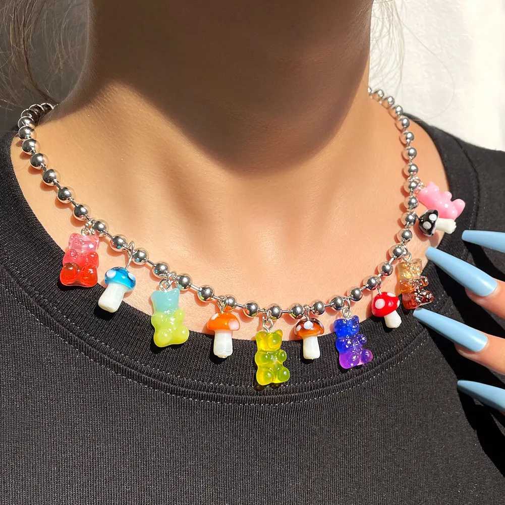 Pendant Necklaces Stainless steel Ball Link Chain Necklace for Women Cute Gummy Bear Mushroom Pendant Silver Color Necklaces Punk Handmade Jewelry Y24
