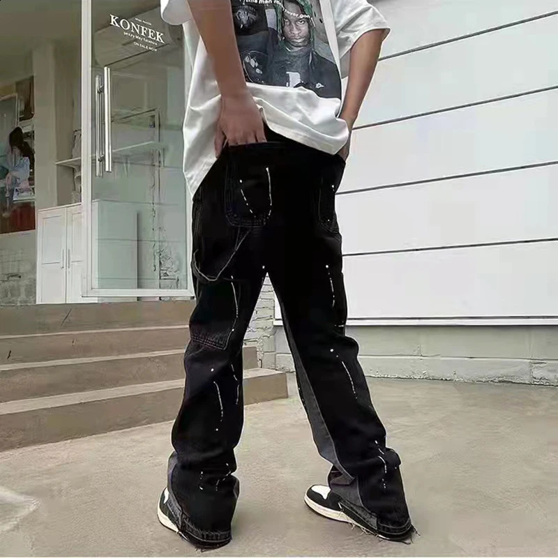 Vintage Streetwear Flared Pants Hip Hop Splashing Ink Wide Leg Jean Overalls for Men Fashionable Retro Patchwork Jeans 241121 Free sh