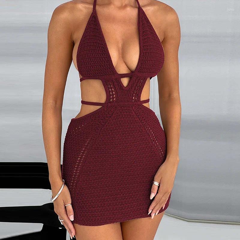 Summer Dress For Women 2024 Beach Coverup Ins Sexy Street Pure Want Neck Hollow Lace Up Female Solid Acrylic Robe Swim Cover