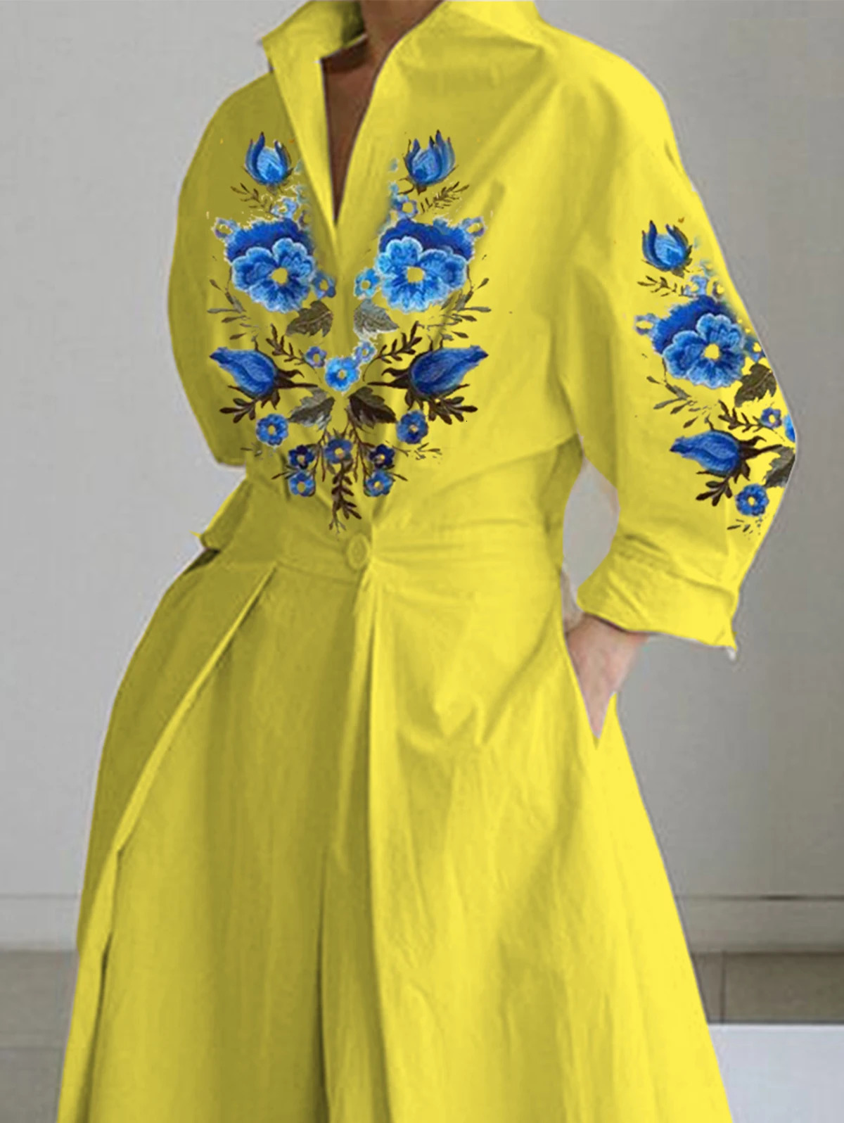 Plus Size Dress for Women Lapel Neck A-Line Pleated Floral Print Collared One Button Shirt Dress Casual Elegant 34 Sleeve Dress 240420