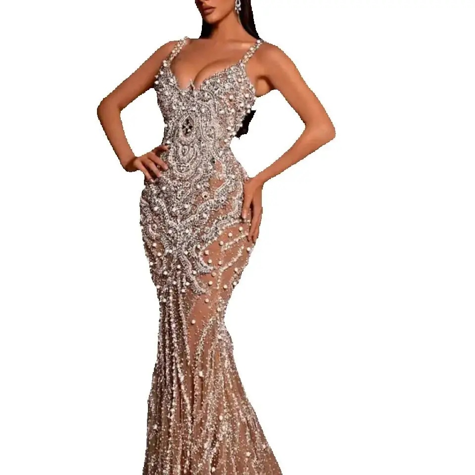 Modest Spaghetti Straps Prom Dresses Women Mermaid Sleeveless Pearls Evening Gowns Sequined Lace Customized Beaded Party Dress