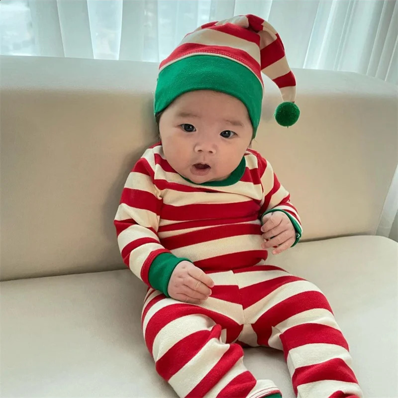Christmas Autumn Winter Baby Set Children Boys Girls Cute Cotton Two tone Red/Green Stripe Baby Long Sleeve Childrens Set 241121