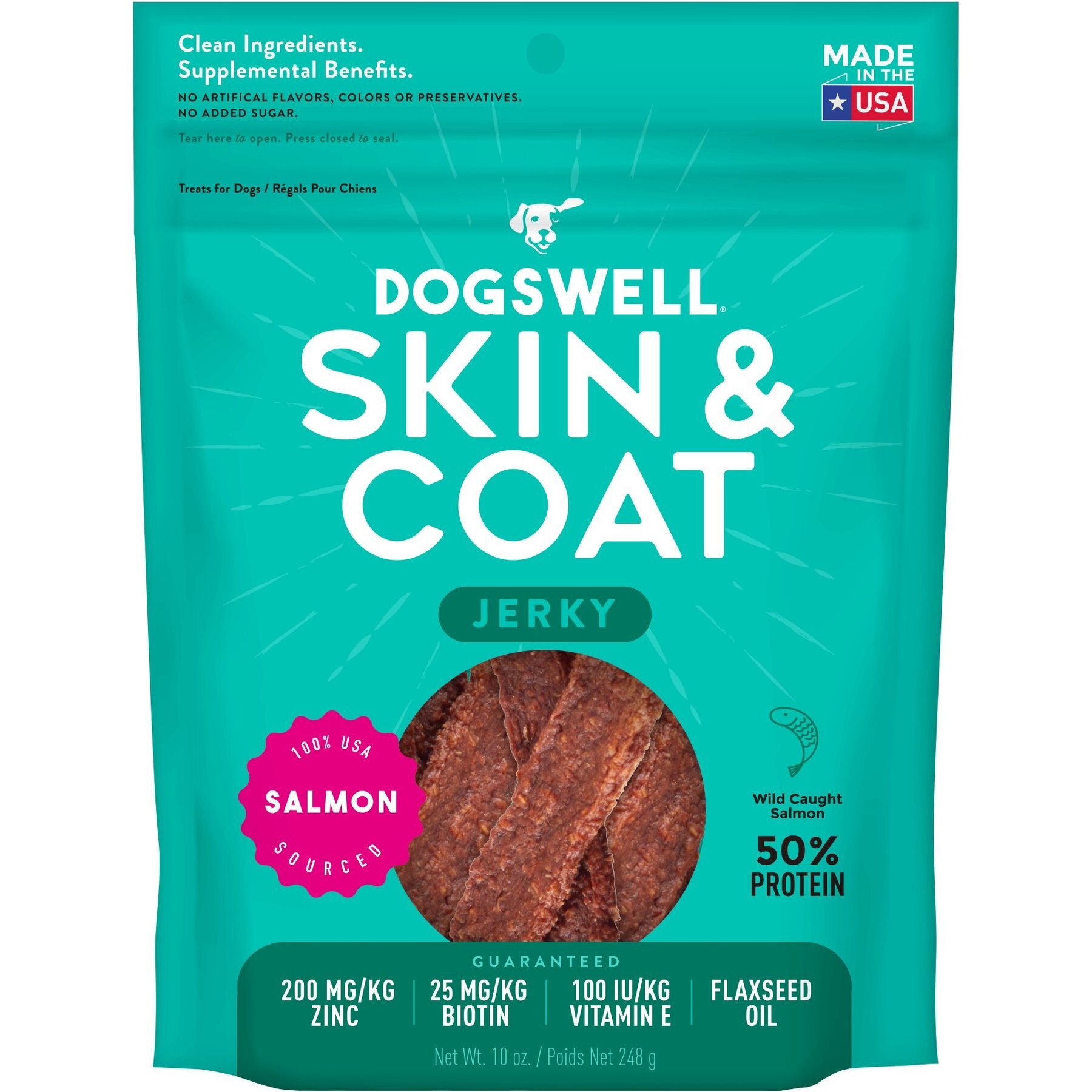 Dogswell Jerky Skin & Coat Salmon Recipe Grain-Free Dog Treats