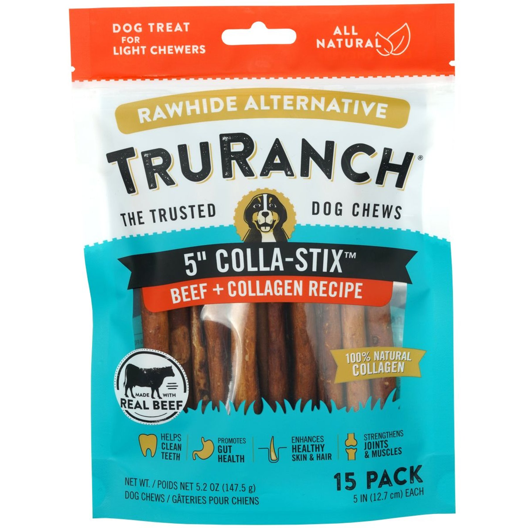 TruRanch Beef Collagen Sticks Hard Chew Dog Treats, 5-in, 15 count