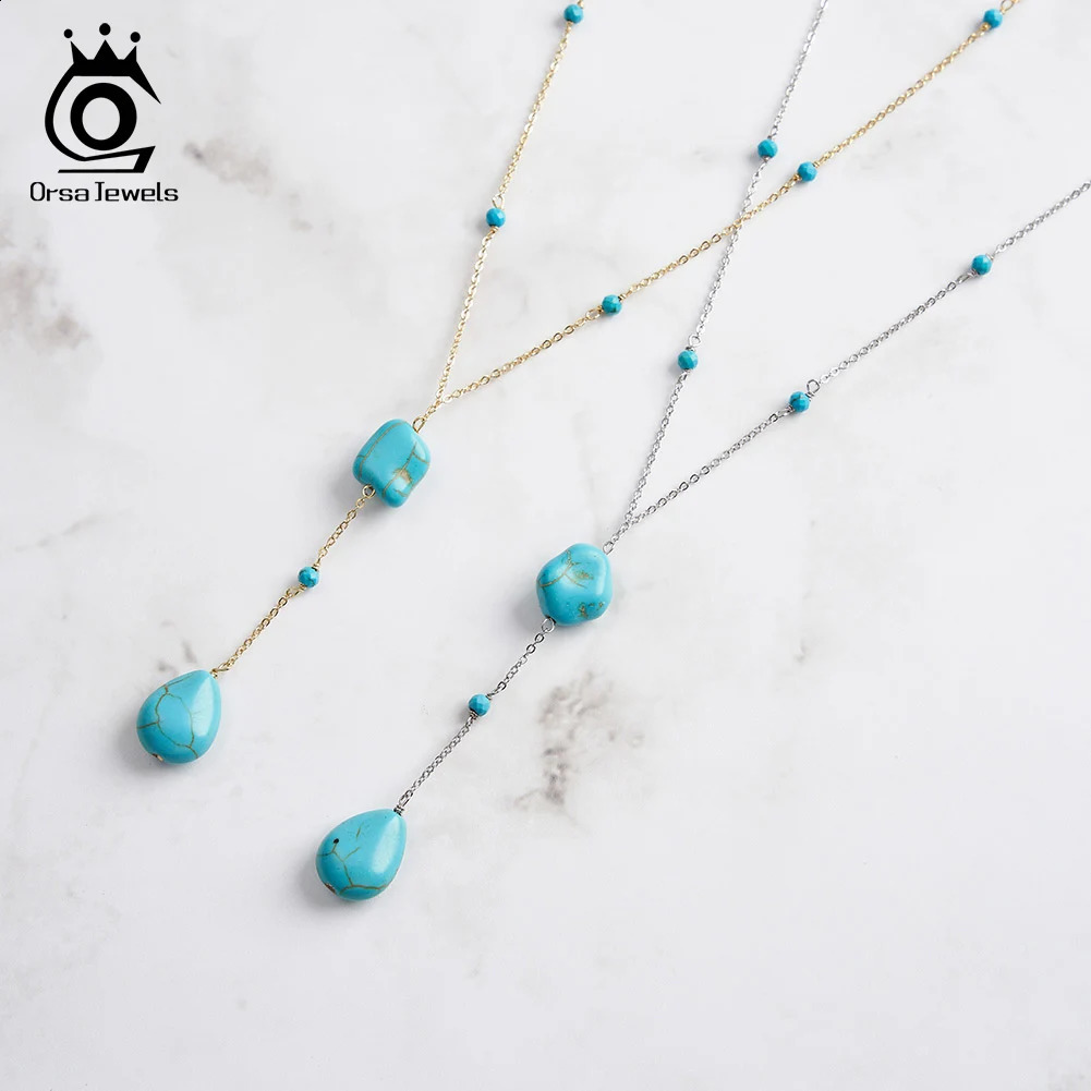 ORSA JEWELS Fashion Y-shaped Necklace 925 Pure Silver Irregular Turquoise Long Chain Necklace Womens Jewelry GMN50 241120