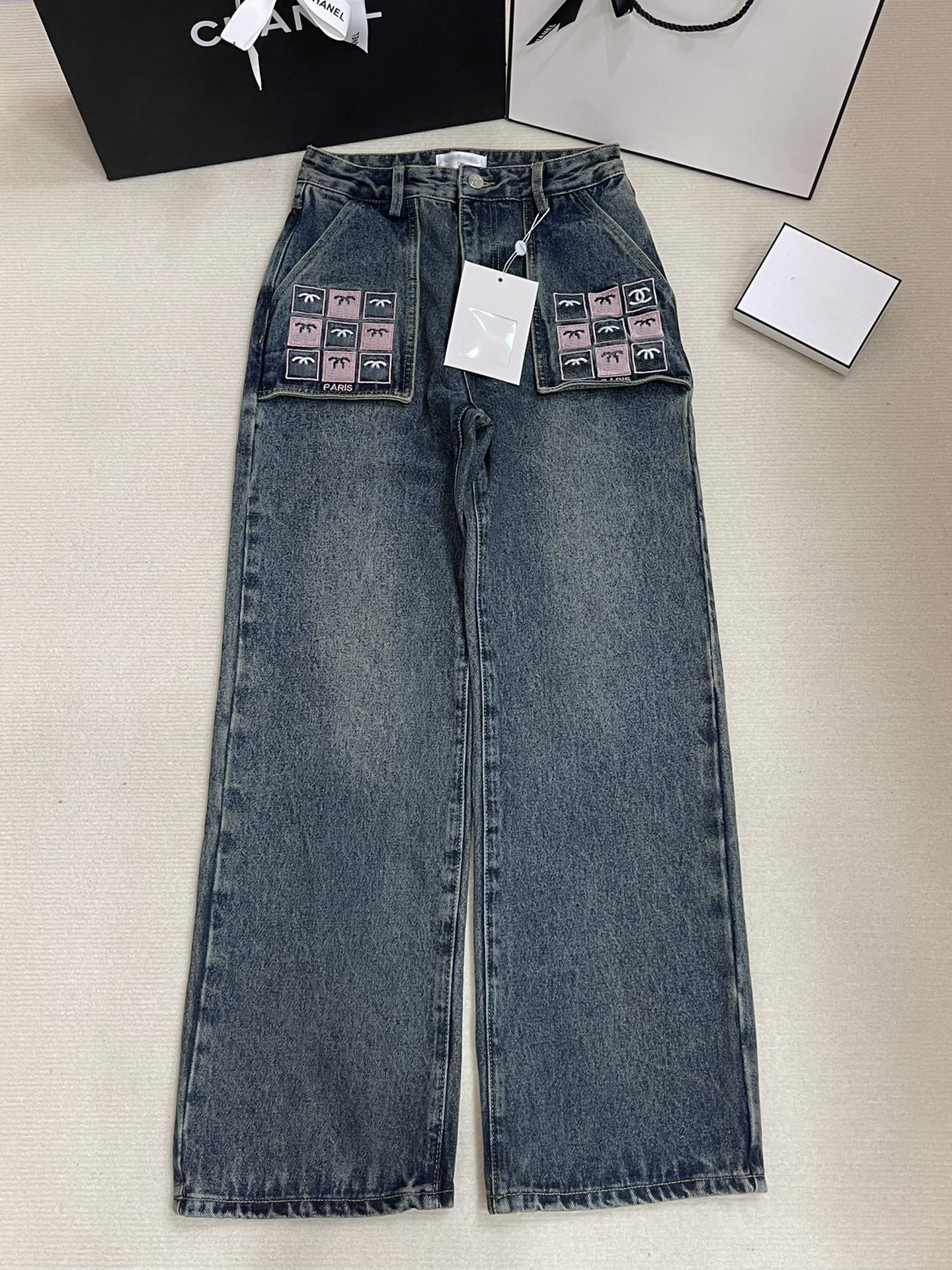 CH24 new external pocket two-color embroidered straight jeans women's designer