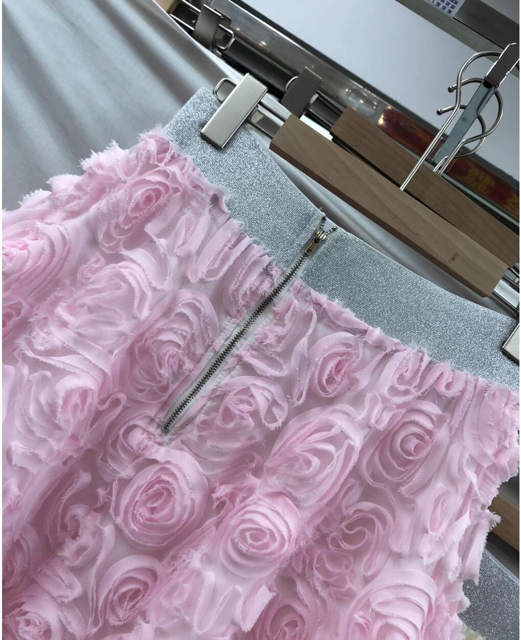Womens new tulle elastic waist fashion French sweet pink rose ball dress long skirt