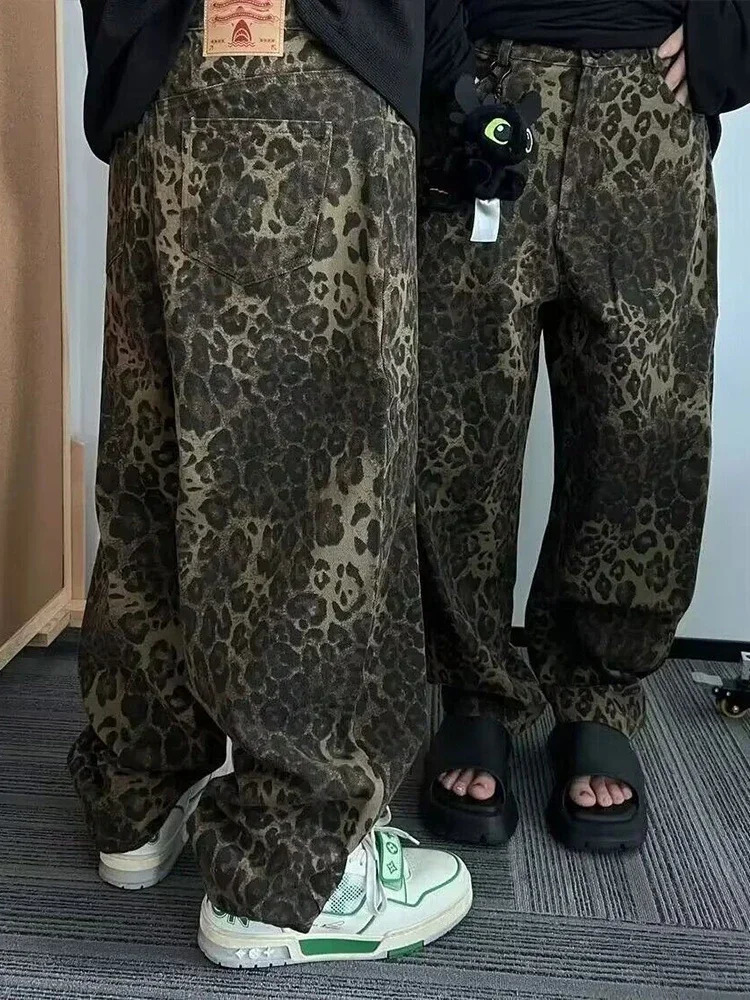 HOUZHOU Tan Leopard Jeans Men Denim Pants Male Oversize Wide Leg Trousers Streetwear Hip Hop Vintage Loose Casual Animal Print 240420