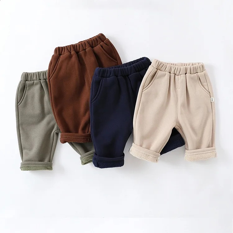 Autumn and Winter Outdoor Ins born Boys Pants Solid Plush Elastic Waist Thin Cotton Baby Pants Straight Baby Pants 241121