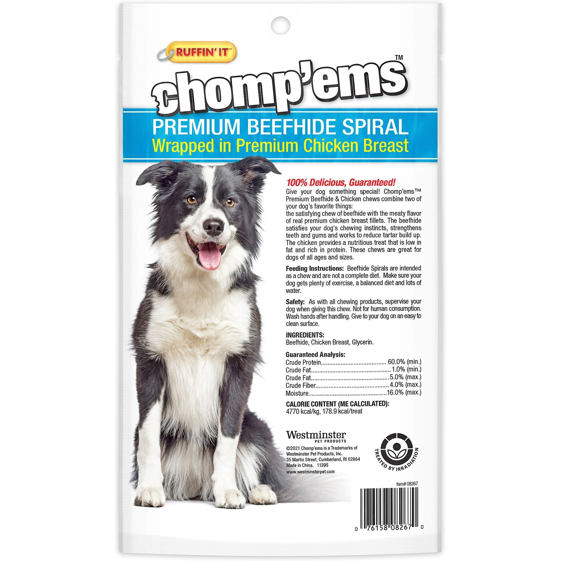 Chomp'ems 6" Beefhide Spiral with Chicken Dog Treats, 2 count
