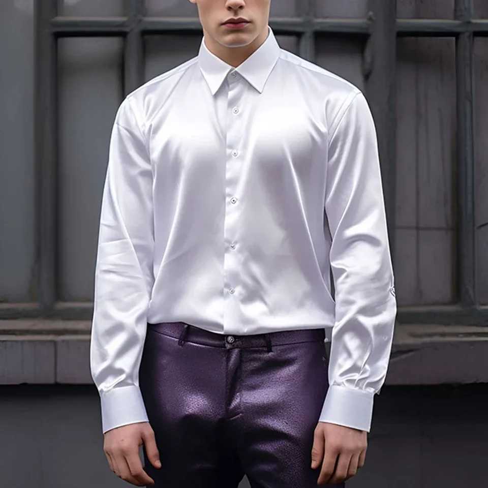 Elegant Satin Silk Mens Dress Shirt Slim Fit Long Sleeve Cocktail Party Luxury Button Down Casual Suit ShirtXJ250121