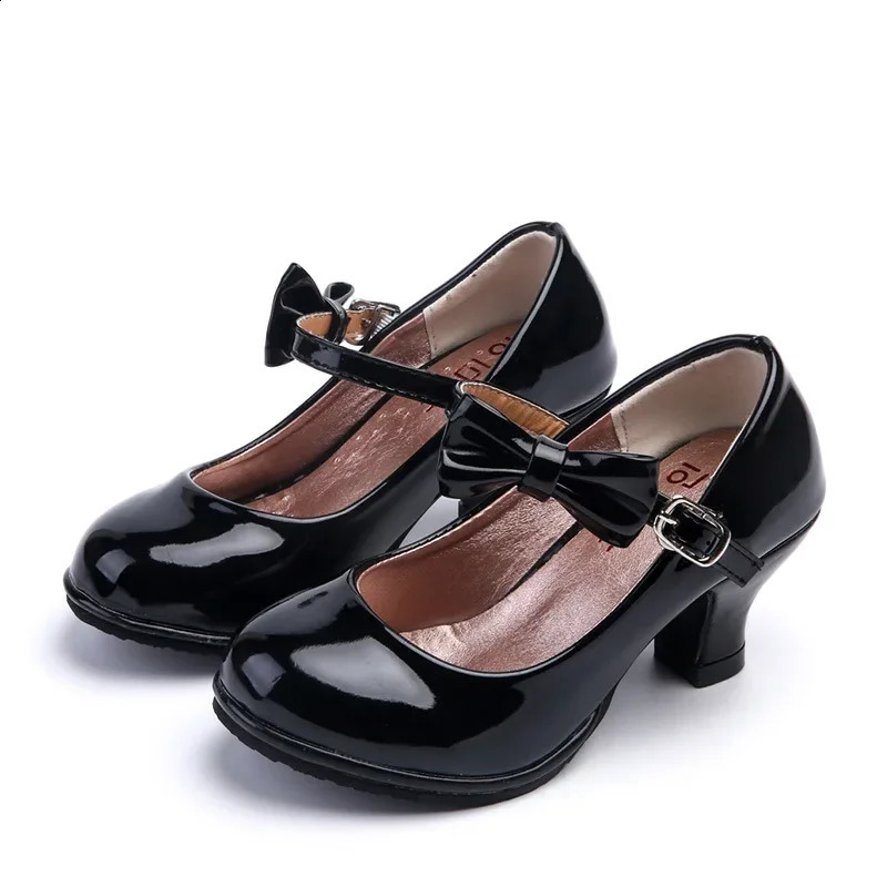 Fashion Girls High Heels Glossy Bowtie Kids Leather Shoe Spring Autumn Children Causal Princess Dress Shoes for Evening Party 250114