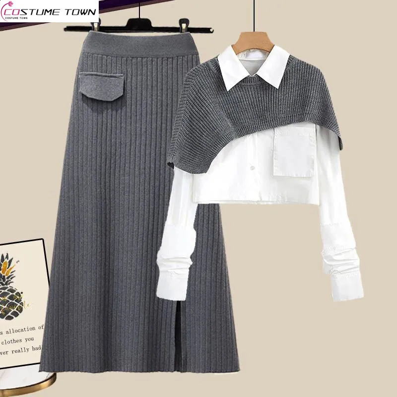 Large Womens Autumn and Winter Set Loose Shawl Shirt High Waist Knitted Half Skirt Three Piece Set Fashion 241121
