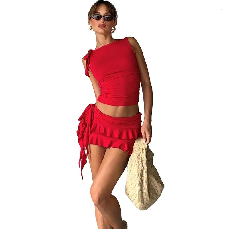 Cover Up For Swimwear Women Summer Dress 2024 Sleeveless Neck Vest Slim Wooden Ear Skirt Set Solid Spandex Beachwear Ladies