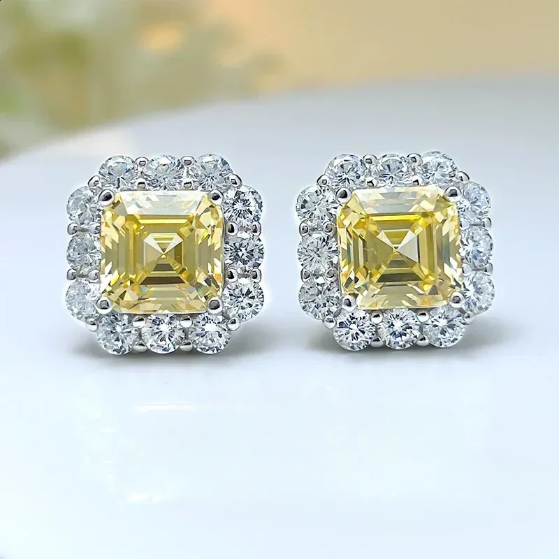 Desire Princess Square Diamond Earrings Aspagoda Cut 925 Silver Needle Small Japanese Yellow Pink241121