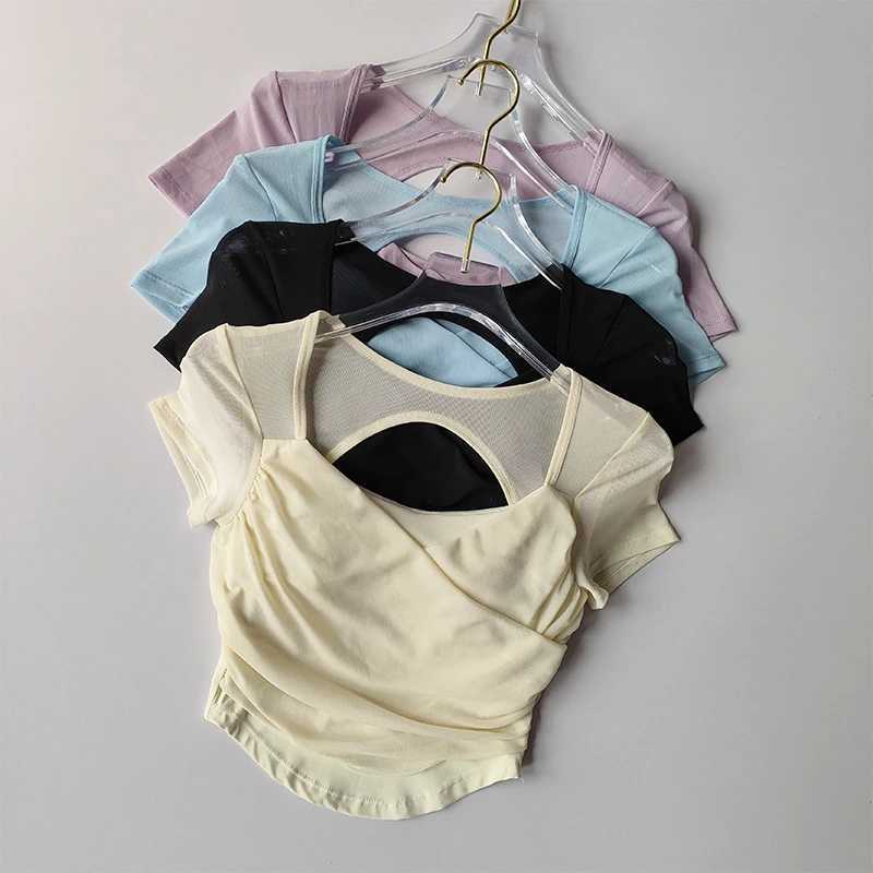 Advanced French mesh yoga set womens top Pilates short sleeved sportswear fitness T-shirt with chest cushionXJ250410