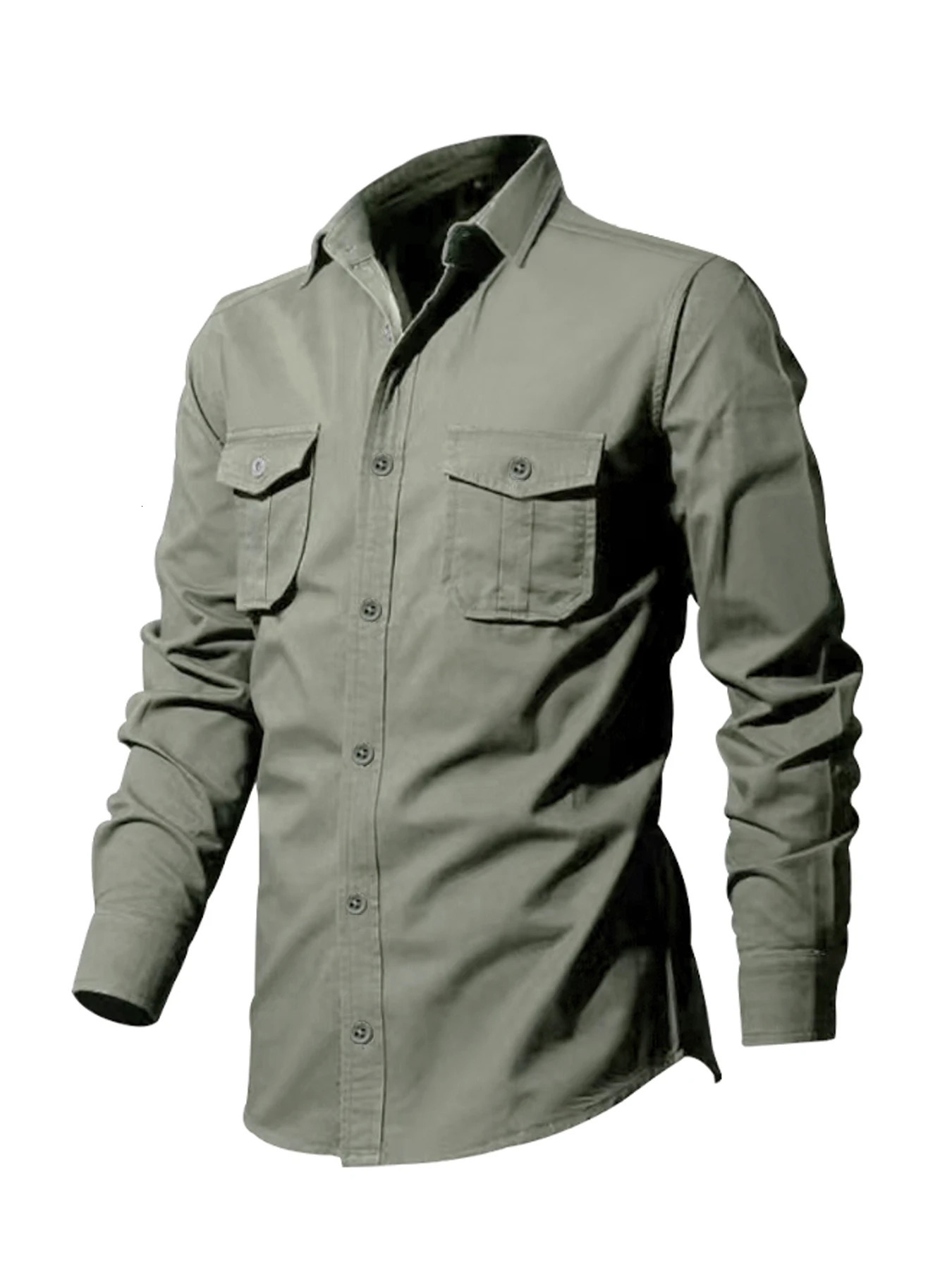 SpringSummer European and American Mens Shirts with Multiple Pockets Casual Slim Fit Long sleeved Workwear Top 240412