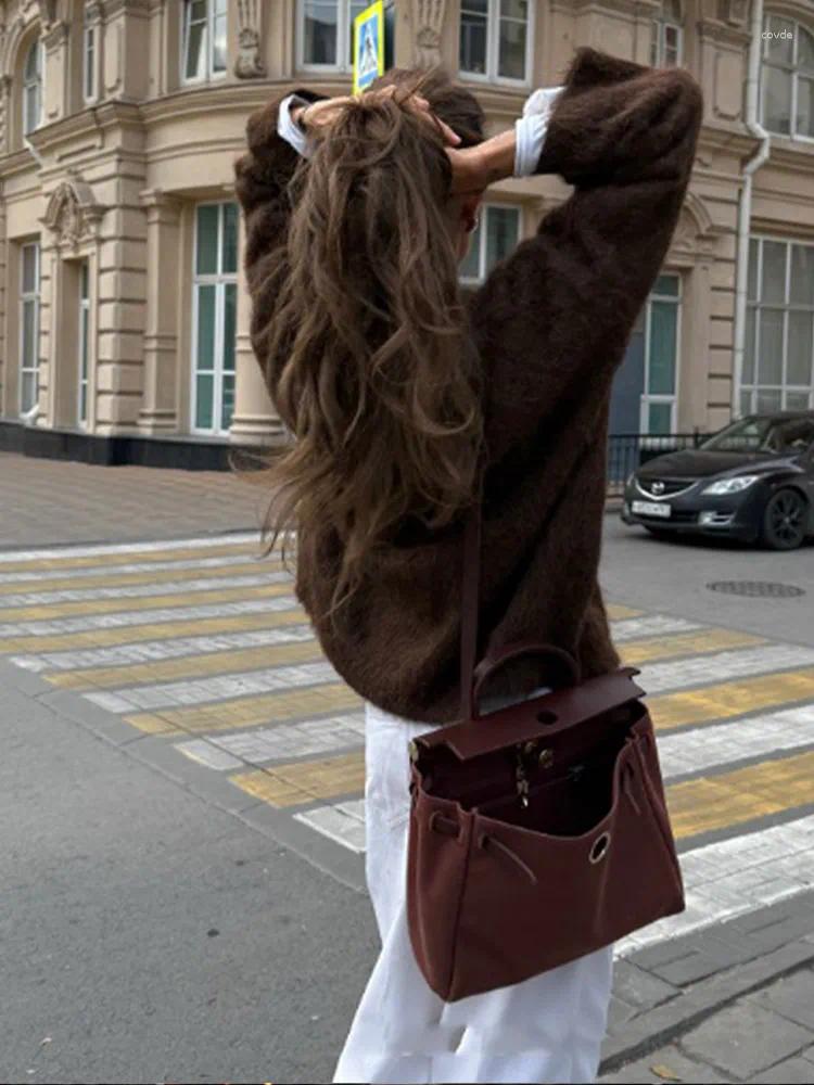 Women's Mohair Pullover Sweater - Chocolate Brown, O-Neck, Long Sleeve, Loose Knit, Casual, Winter