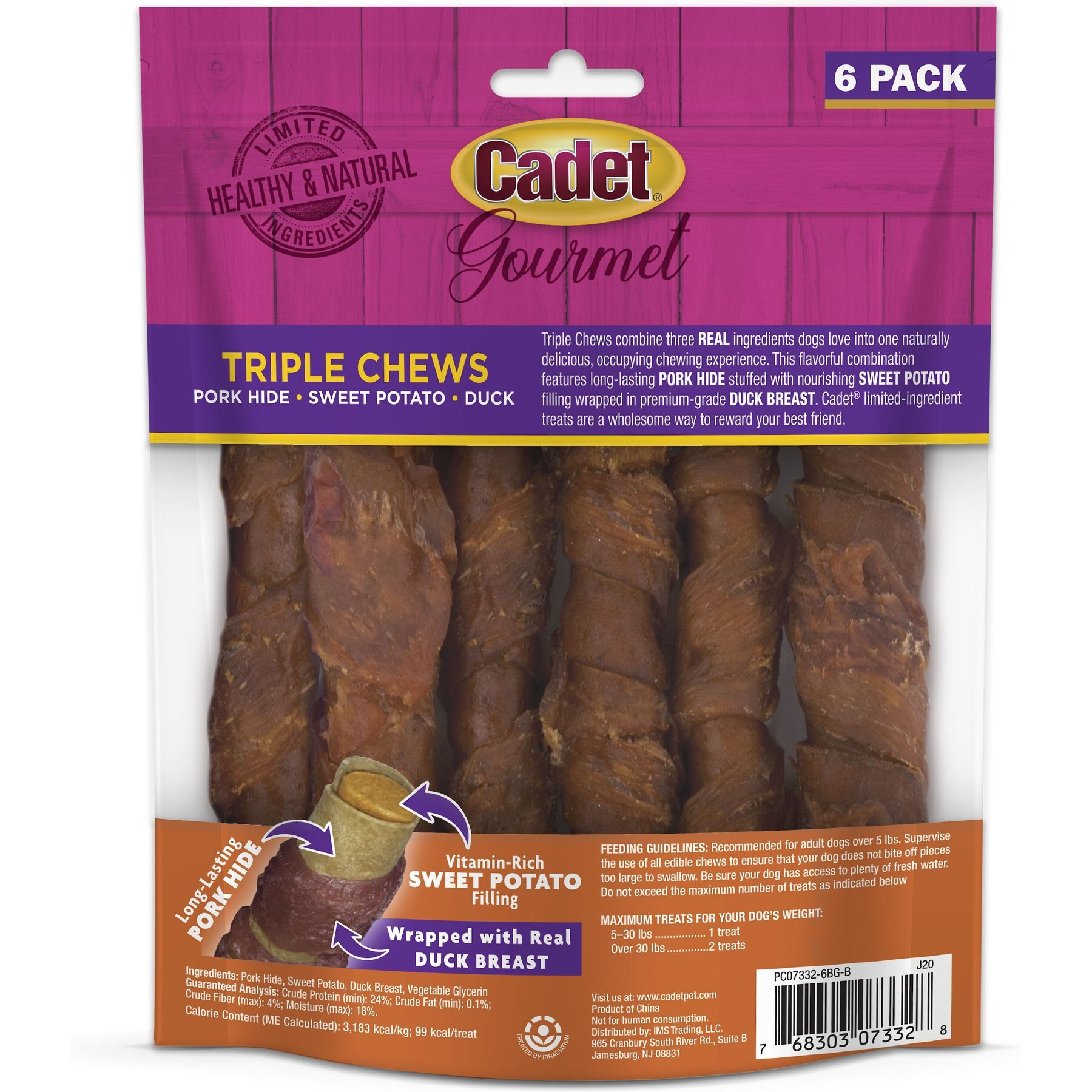 Cadet Gourmet Triple Chews Sweet Potato, Duck, & Pork Hide Twists Dog Treats, 6 count
