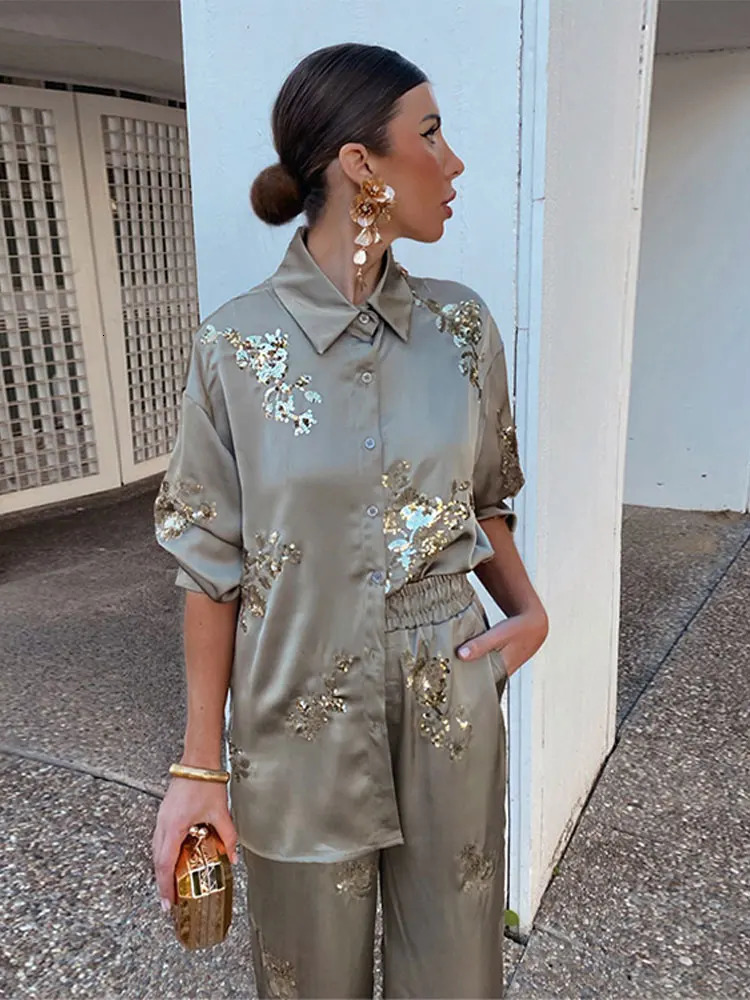 Fashion Casual Sequinned Shirt Suit For Women Chic Lapel Long Sleeves Top Elastic Waist Long Pants Set Spring Lady Elegant Suits 240420