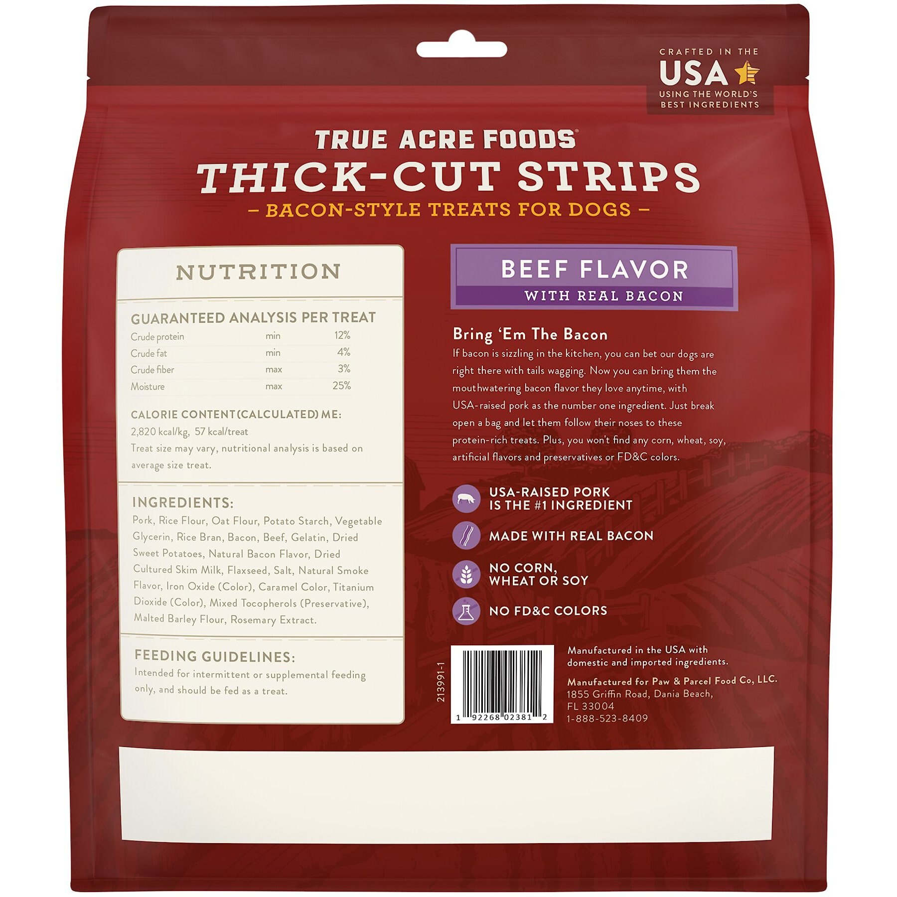 True Acre Foods Thick Cut Strips with Real Bacon and Beef Dog Treats