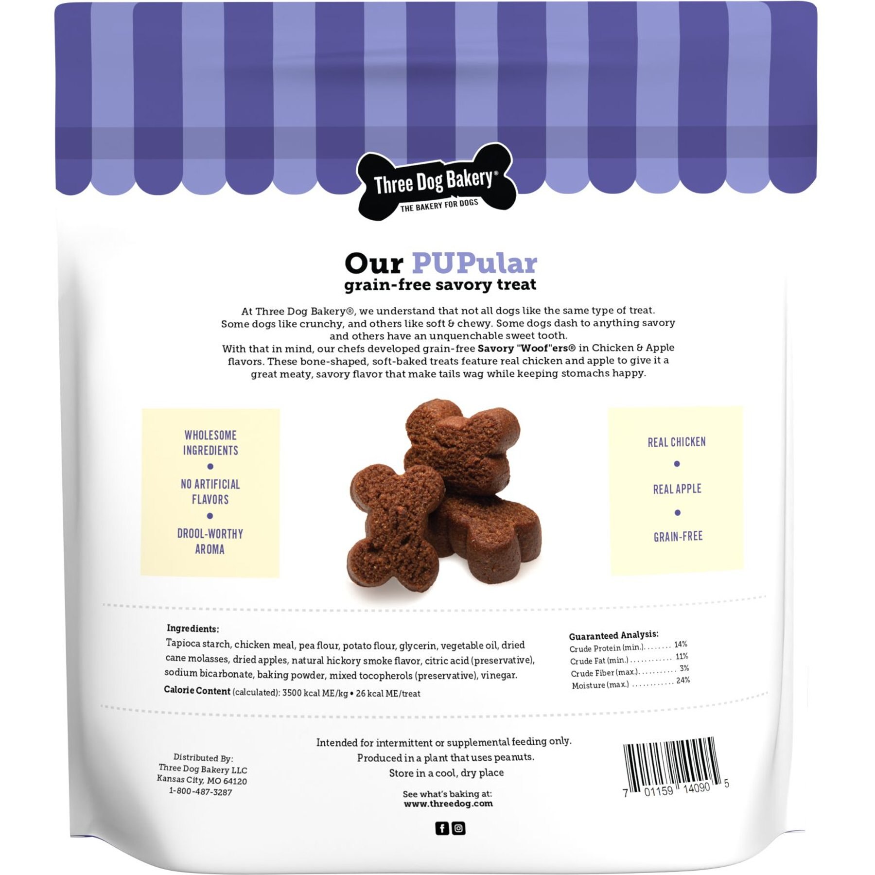 Three Dog Bakery Soft Baked Savory Woofers Chicken & Apple Flavor Grain-Free Dog Treats