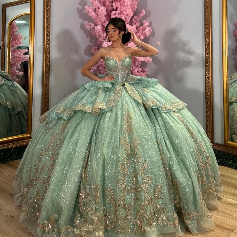 Sage Green Shiny Quinceanera Dresses Crystals Beading Gold Applique Lace Bow Tull Vestidos De 15 Anos Birthday Party Corset Sweet 16 Dress