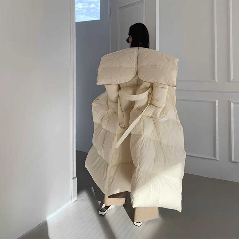 New big lapel strap temperament collar long solid color loose thickened down jacket irregular waist elegant womens coat W241019