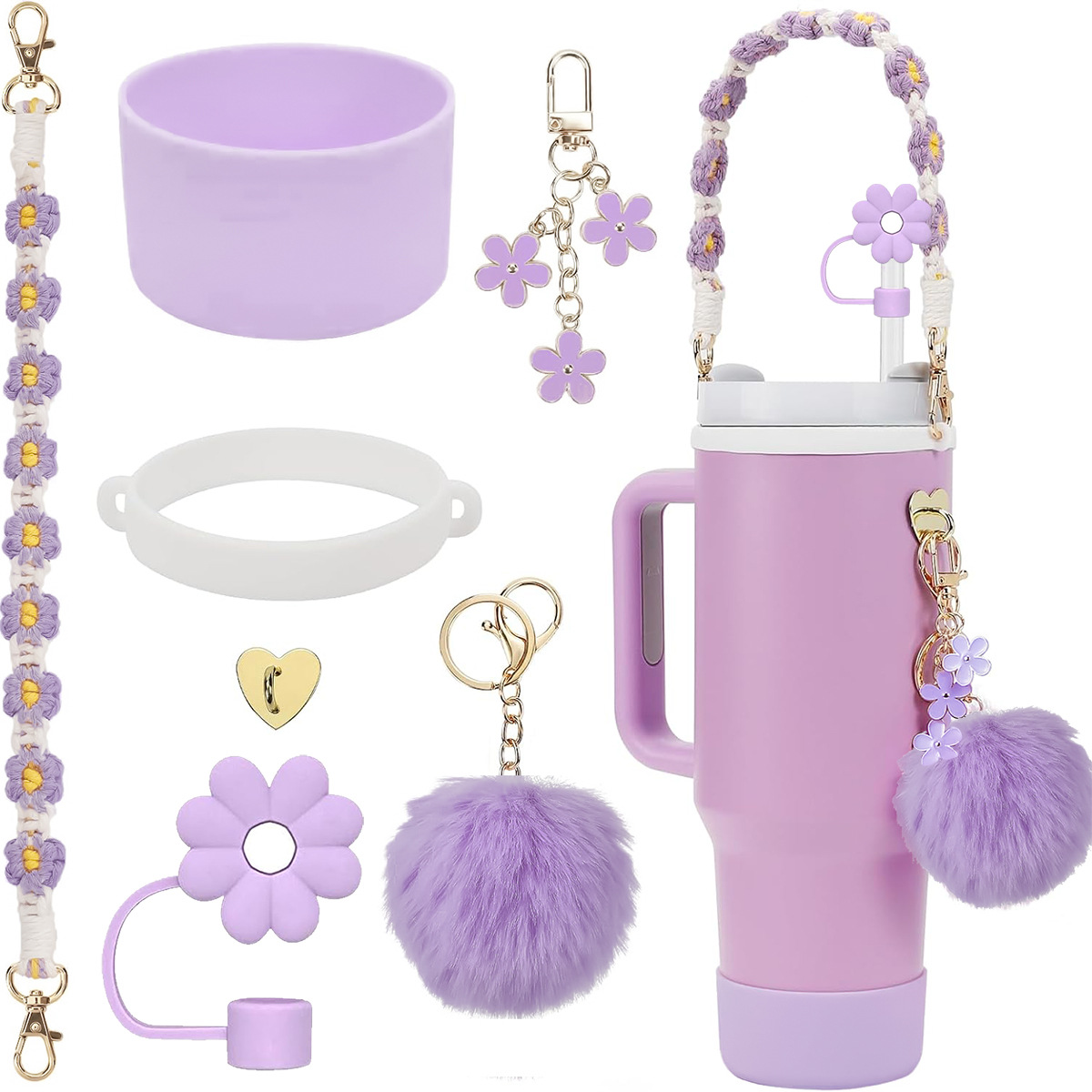 30oz 40oz tumblers Accessories set Woven Hand String handle strap Straw Key chain pendant Silicone boot flower charms cup accessories No tumbler