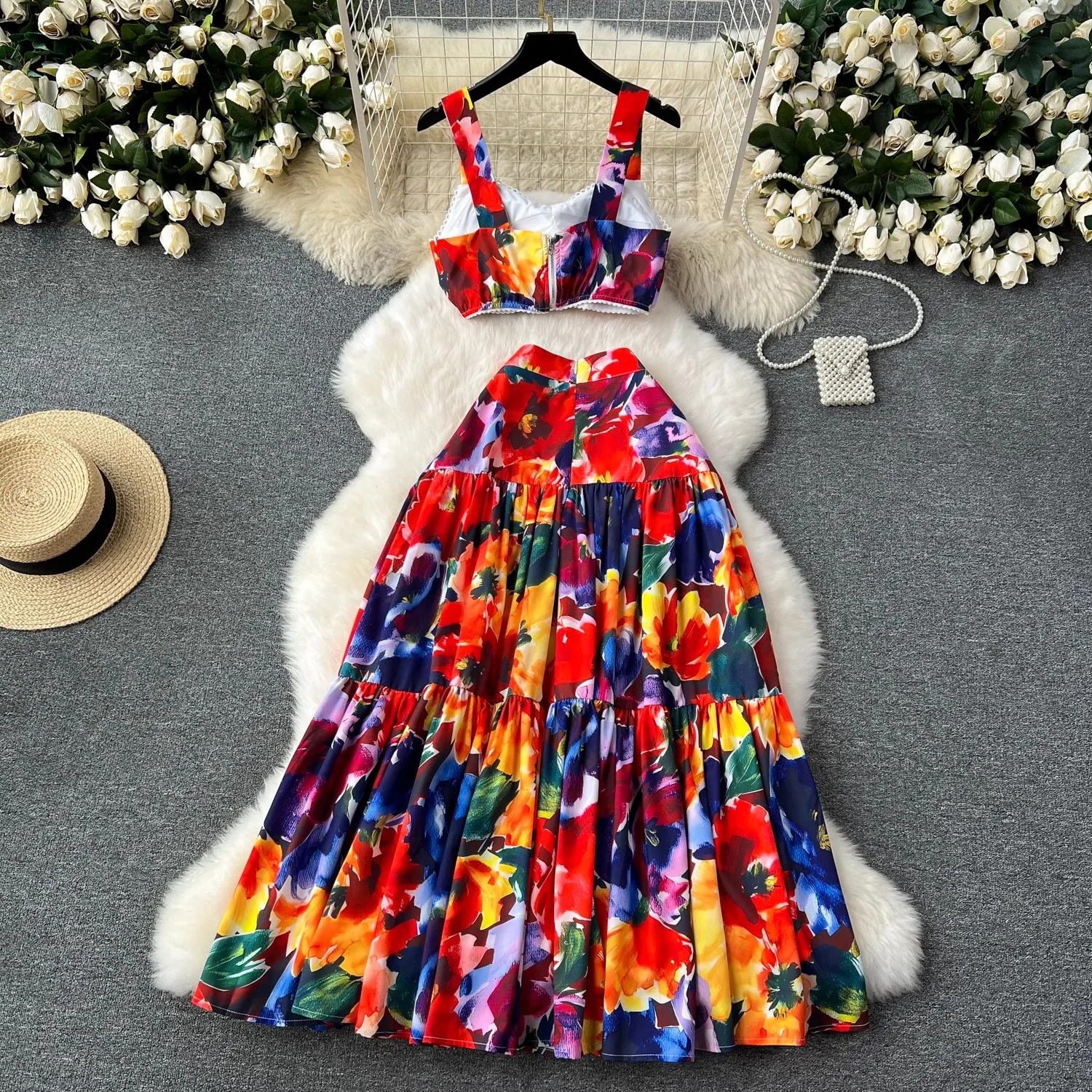 Dress Summer Bohemian Two Piece Set Women's Spaghetti Strap Padded V Neck Short Crop Top Wer Print Long Maxi Skirts Suits
