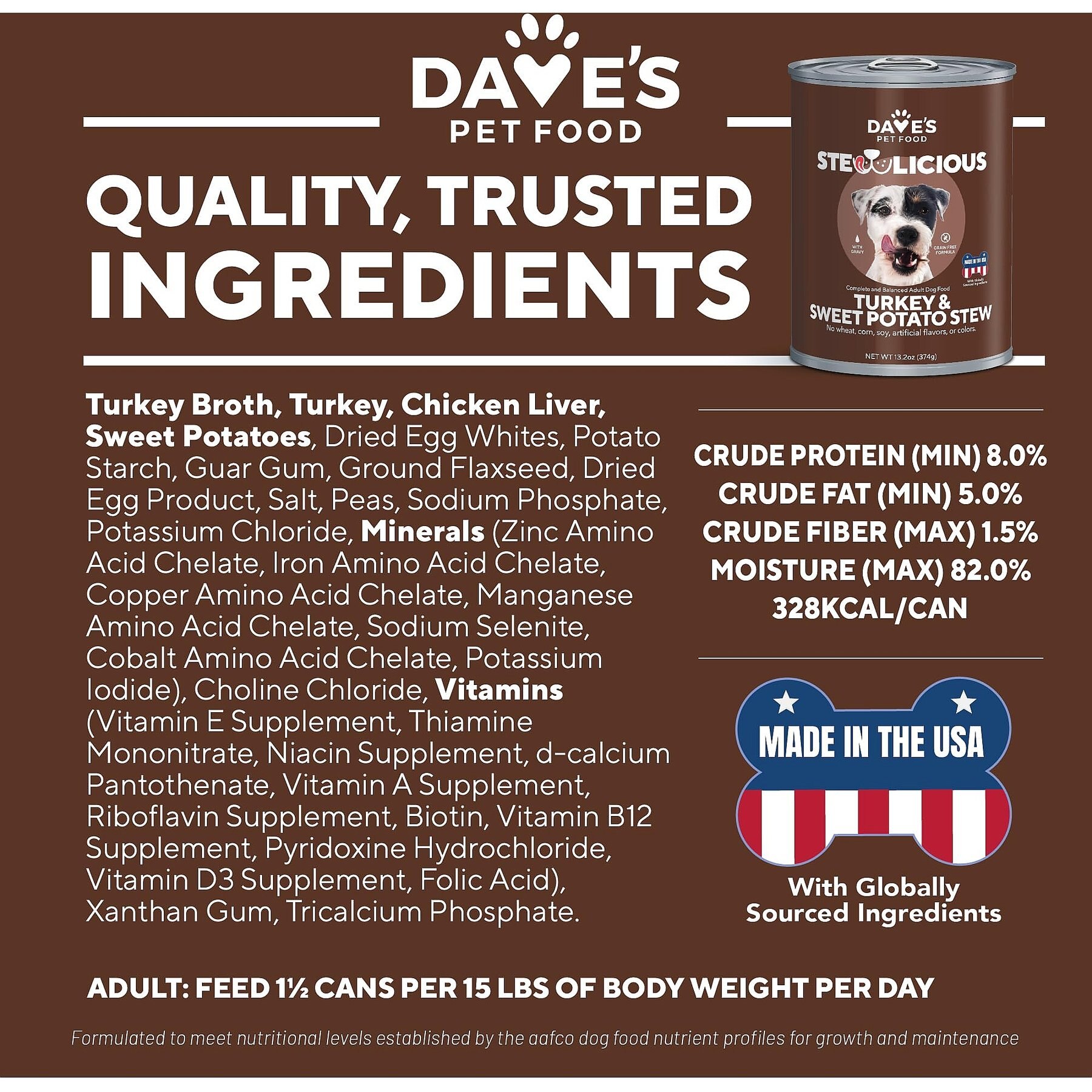 Dave's Pet Food Stewlicious Turkey & Sweet Potato Stew, Grain-Free Canned Wet Dog Food, 13.2-oz, case of 12