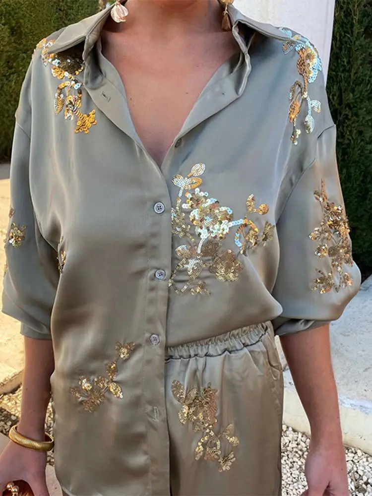 Fashion Casual Sequinned Shirt Suit For Women Chic Lapel Long Sleeves Top Elastic Waist Long Pants Set Spring Lady Elegant Suits 240420