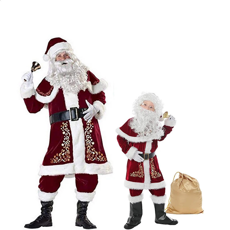 Man Santa Claus Suit Adult Christmas Cosplay Costume Red Deluxe Velvet Fancy 8pcs Set Xmas Party Family Costume Outfits 241121