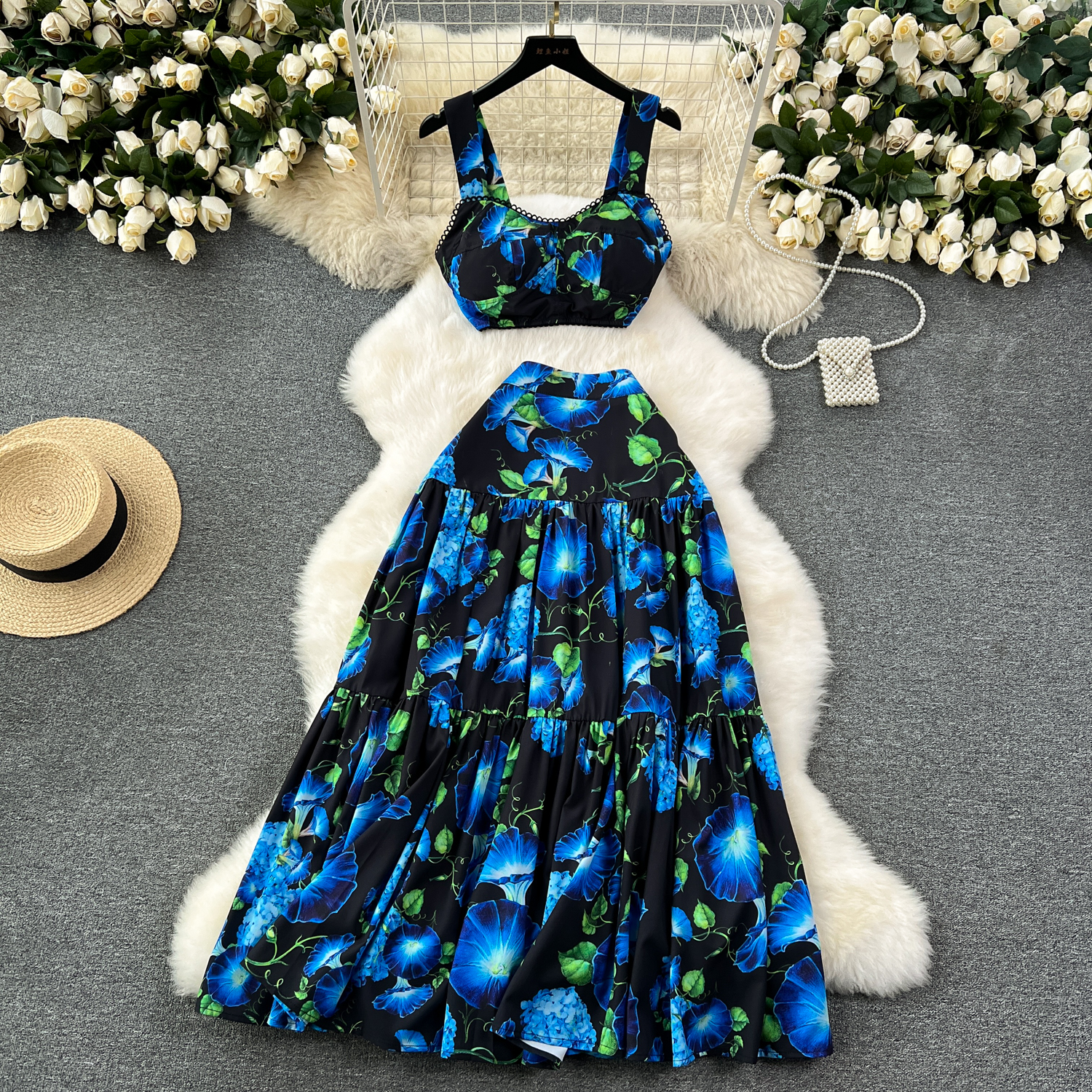Dress Summer Bohemian Two Piece Set Women's Spaghetti Strap Padded V Neck Short Crop Top Wer Print Long Maxi Skirts Suits