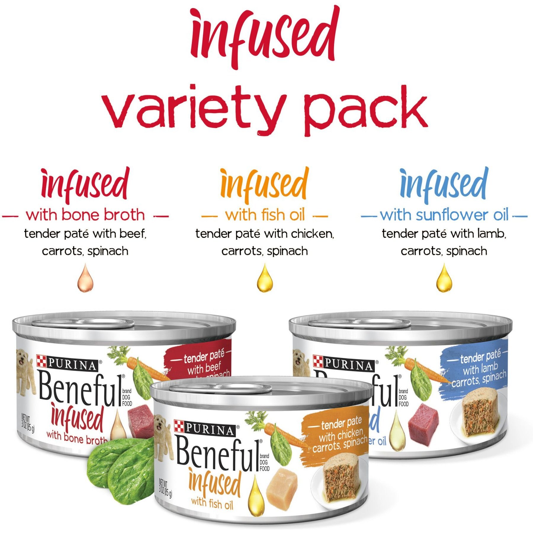 Purina Beneful Infused Pate with Real Lamb, Chicken, Beef Variety Pack Wet Dog Food, 3-oz can, case of 24