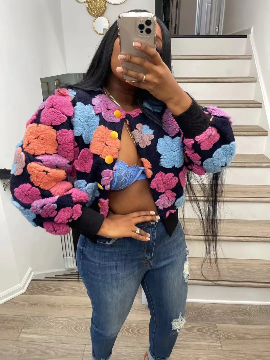 Winter Retro Plush Wool Flowers Embroidery Cardigan Ins Coat Long Sleeved Crop Y2K Streetwear Fur Womens 3D Flower Bomber Jacket 241121
