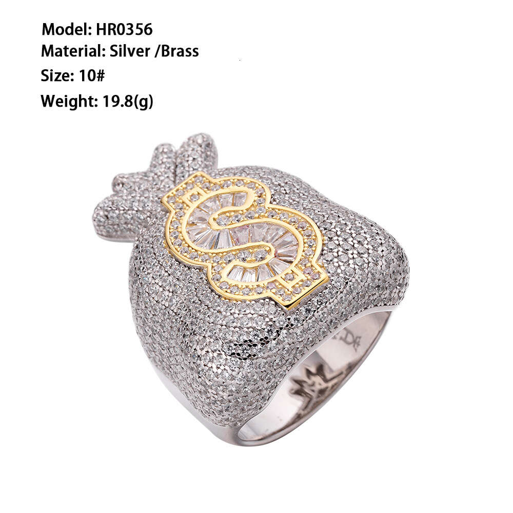 2024 Hip Hop Iced Out Cz Moissanite Dia Baguette Money Bag Symbol Sign 14k Gold Plated Rapper Fashion Jewelry Rings m