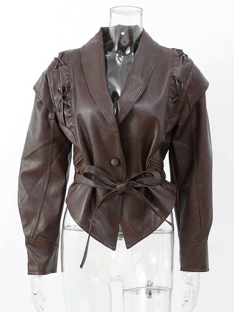 2024 New Retro Collar Lace Leather Jacket Womens Fashion Solid Long Slves Pocket Short Coat Autumn Womens Fashion T-shirt X2411201