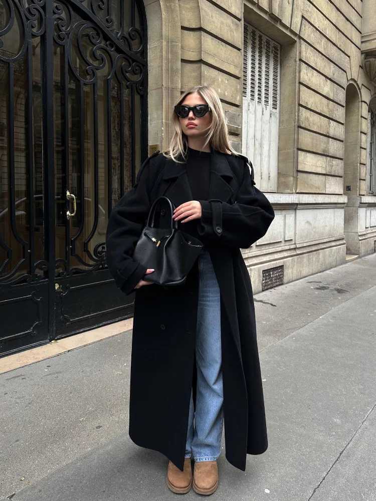 Elegant with belt black long coat womens oversized wool double button lapel coat autumn new womens high-end coat X241120