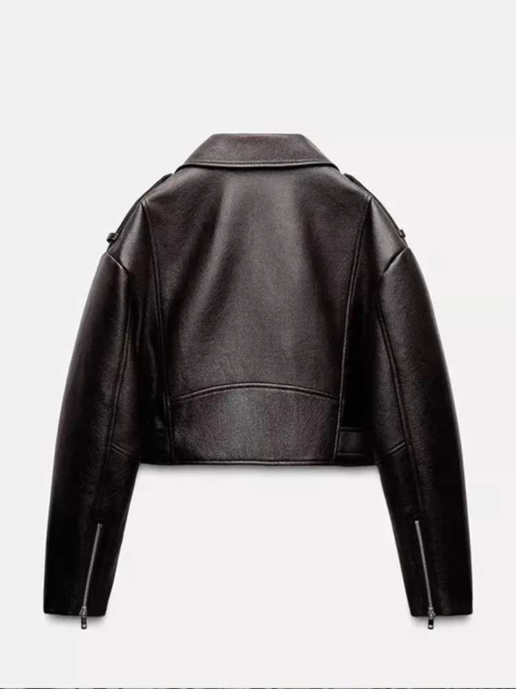 Flip collar brown zipper short leather jacket fashionable solid color full Slves jacket 2024 new womens high stripe autumn jacket X241120