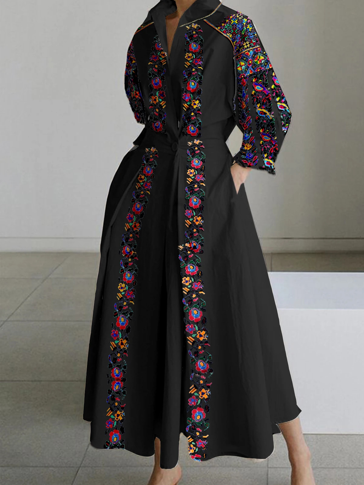 Plus Size Dress for Women Lapel Neck A-Line Pleated Floral Print Collared One Button Shirt Dress Casual Elegant 34 Sleeve Dress 240420