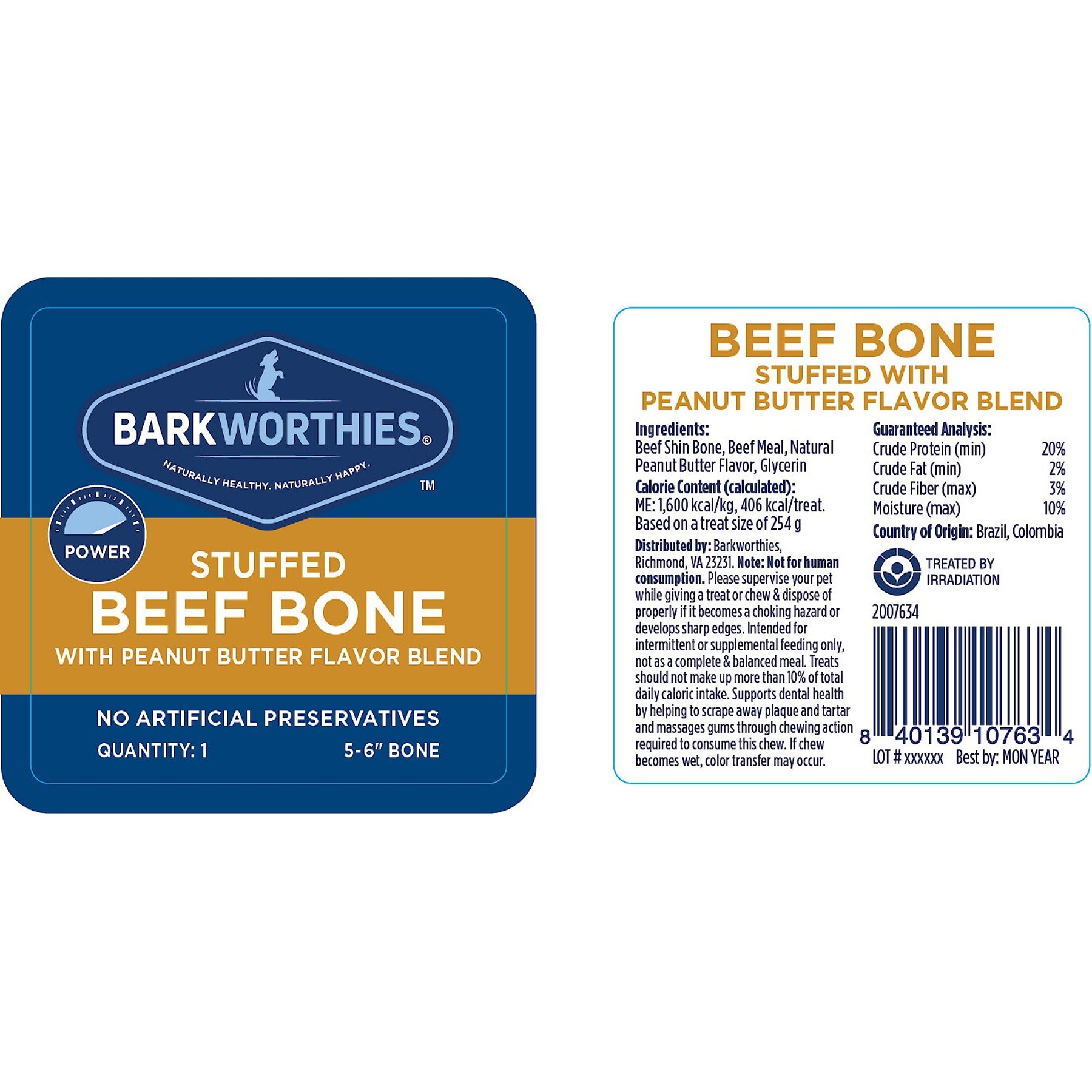 Barkworthies Large Stuffed Peanut Butter Shin Bone Dog Treat