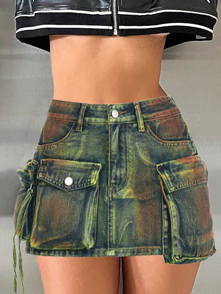 Skirts IAMSURE Safari Style Big Pockets Denim Skirt Sexy Slim Mid-Waisted Mini Skirts Women 2023 Summer Fashion Strtwear Ladies Y240420