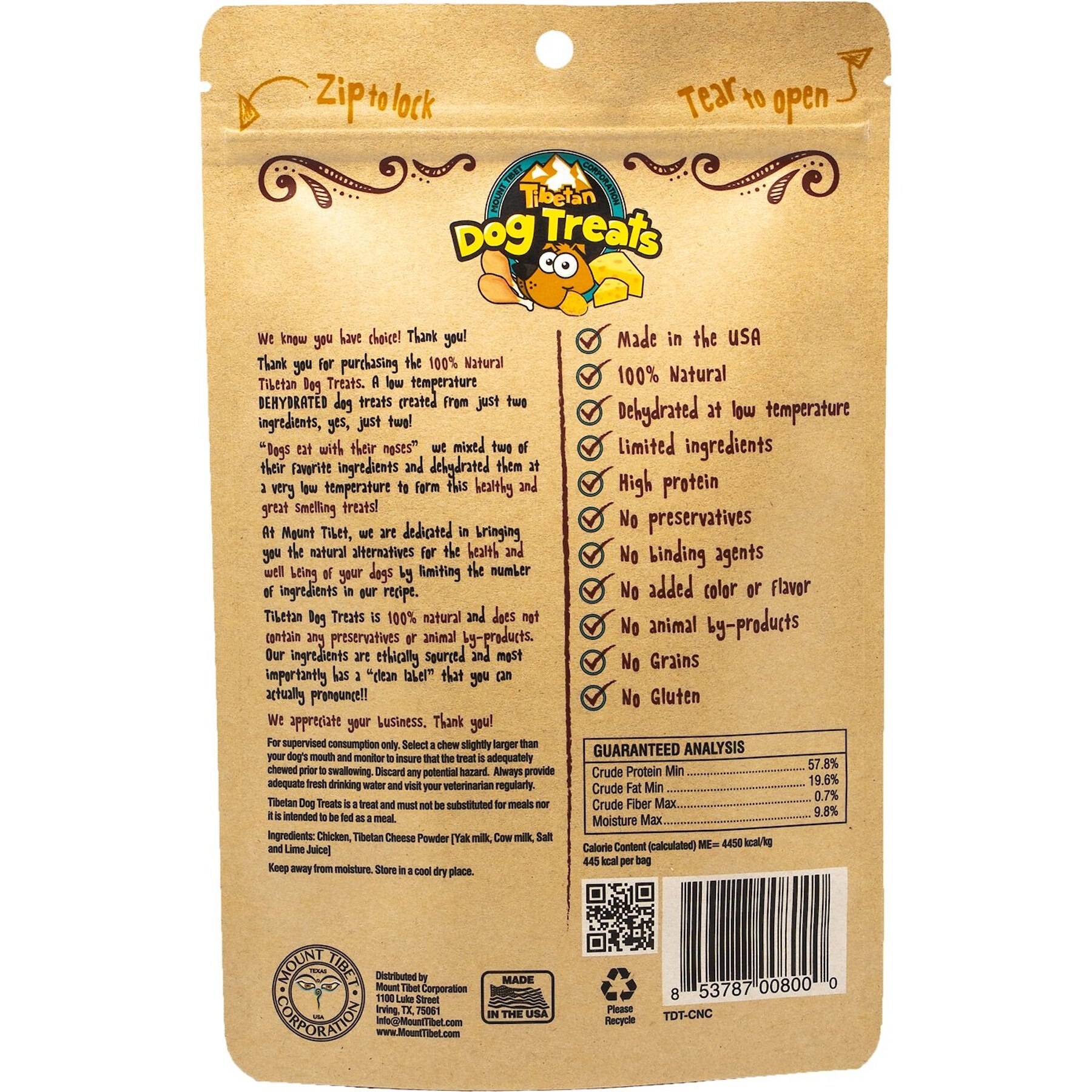 Tibetan Dog Treats Chicken 'n' Cheese Grain-Free Dehydrated Dog Treats, 3.5-oz pouch