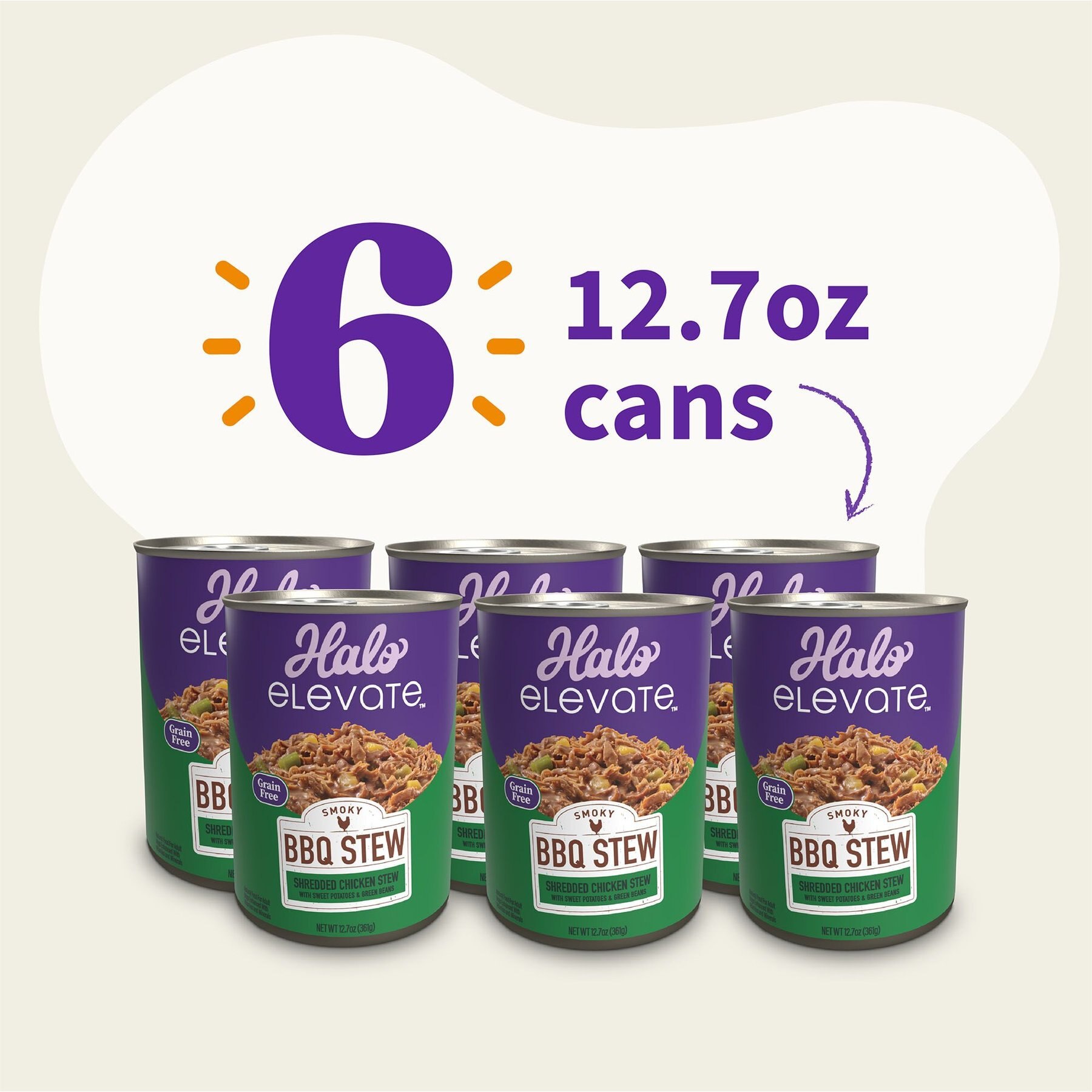 Halo Elevate Smoky BBQ Shredded Chicken Stew with Sweet Potatoes & Green Beans Grain-Free Wet Dog Food, 12.7-oz can, case of 6