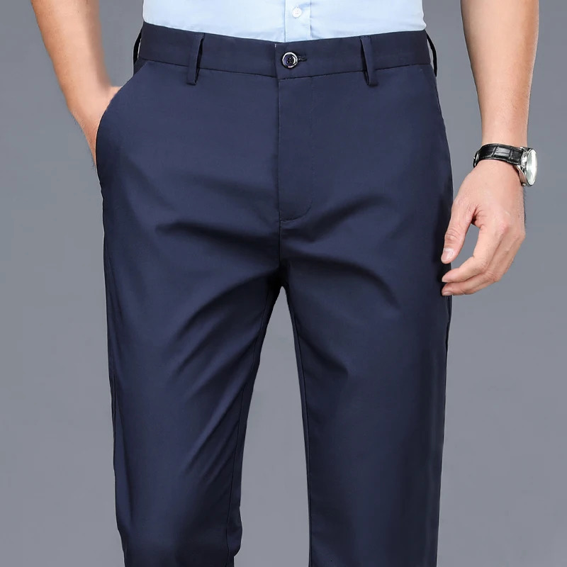 Male Smart Casual Pants Stretchy Sports Mens Fast Dry Trousers Spring Autumn Full Length Straight Office Black Navy Work Pants 240420