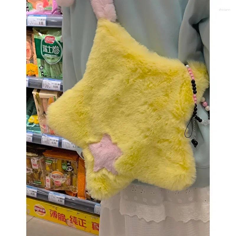 Drawstring Y2k Furry Star Crossbody Bags For Girls Retro Faux Fur Women's Shoulder Bag Contrast Color Plush Female Large Handbags Purses zhanyish