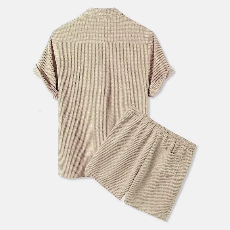 Men Outfit Set Autumn Mens Casual Loose Corduroy Short Sleeve Suit Shirt and Shorts 2 Sets Clothing 240409