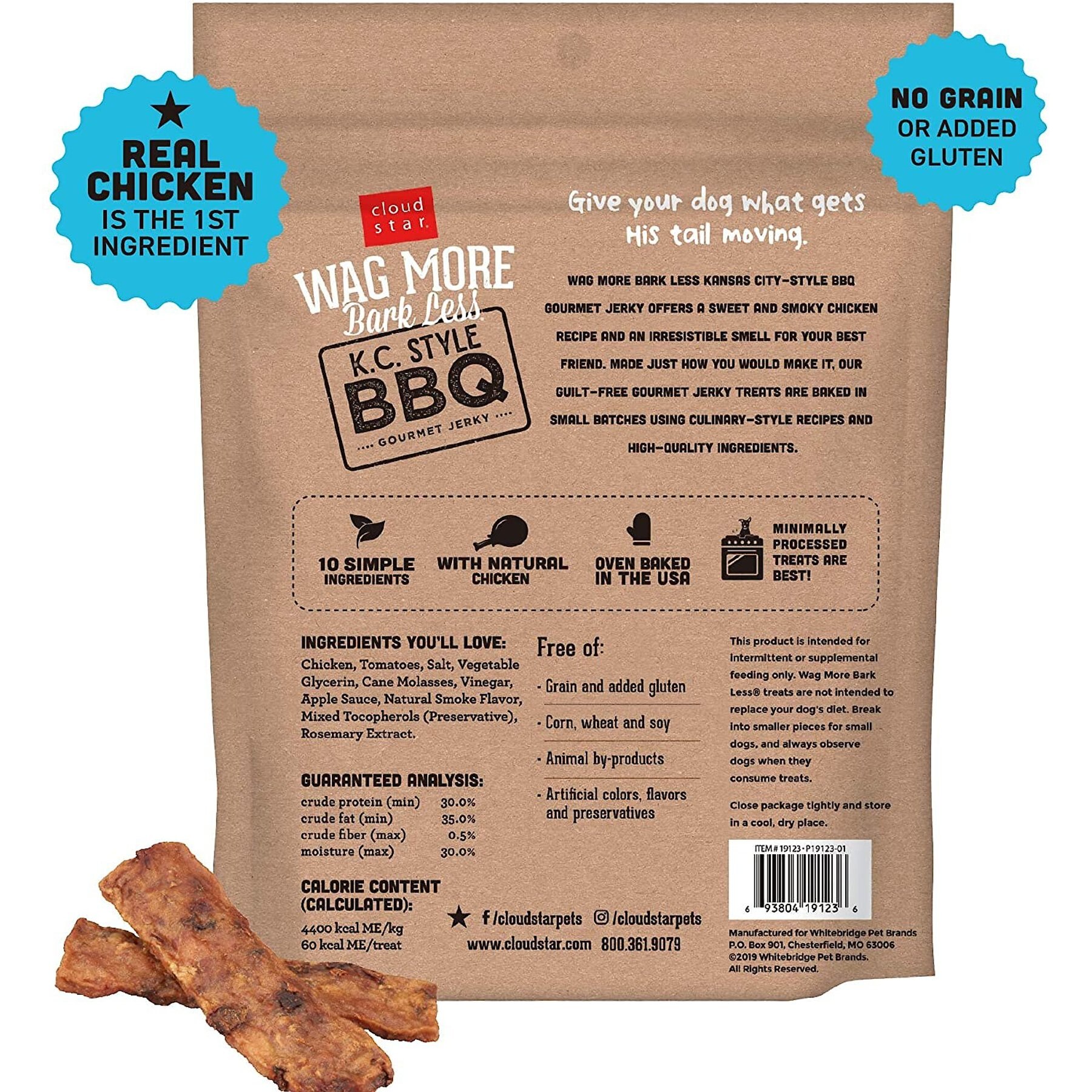 Cloud Star Wag More Bark Less K.C. Style BBQ Chicken Recipe Grain-Free Jerky Dog Treats, 10-oz bag